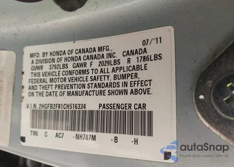 2012 Honda Civic Ex z USA, uszkodzony, nr VIN 2HGFB2F81CH516334